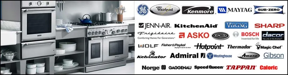 Logos of the appliance brands Appliance Repair Spokane services, including Whirlpool, Maytag, KitchenAid, LG, Samsung and GE